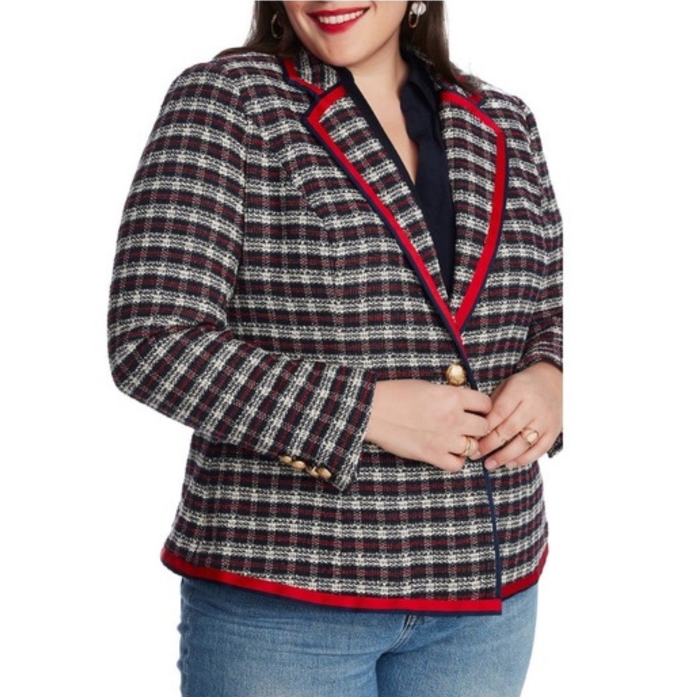 (60) NEW Court & Rowe Satin Trim Plaid Tweed Blazer Maritime Amour 20W Plus Size